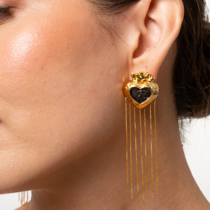 Aretes Corazón Anatómico Colgante Dorado x Negro