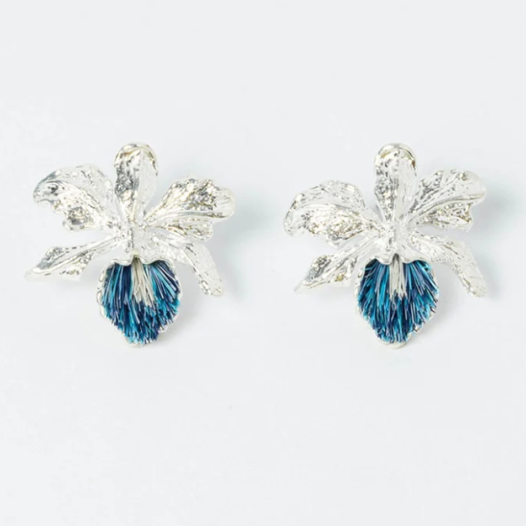 Aretes Cattleya Grandes Plateado x Celeste