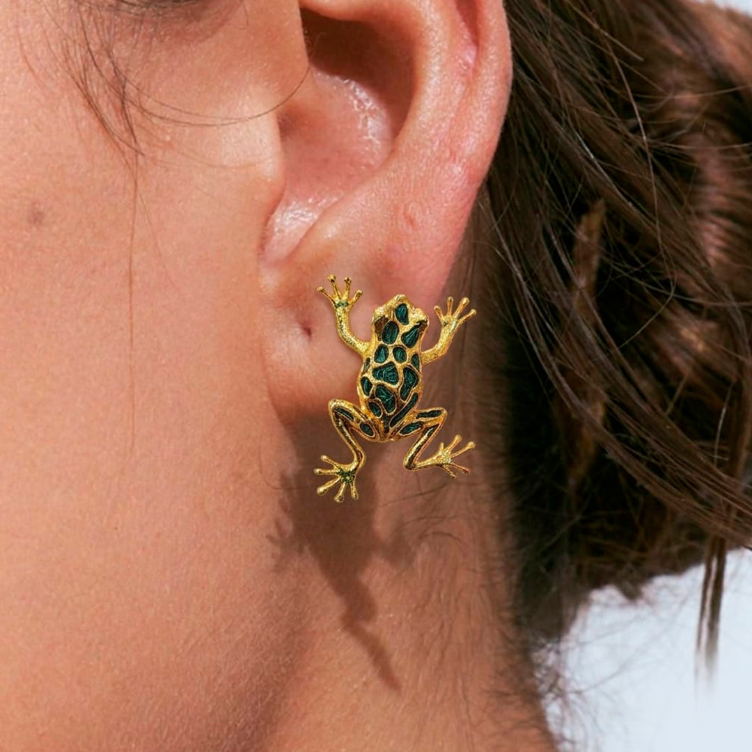 Aretes Rana hueca dorado x verde