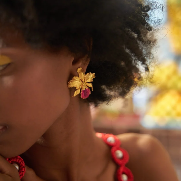 Aretes Cattleya Grandes Dorado x Fucsia