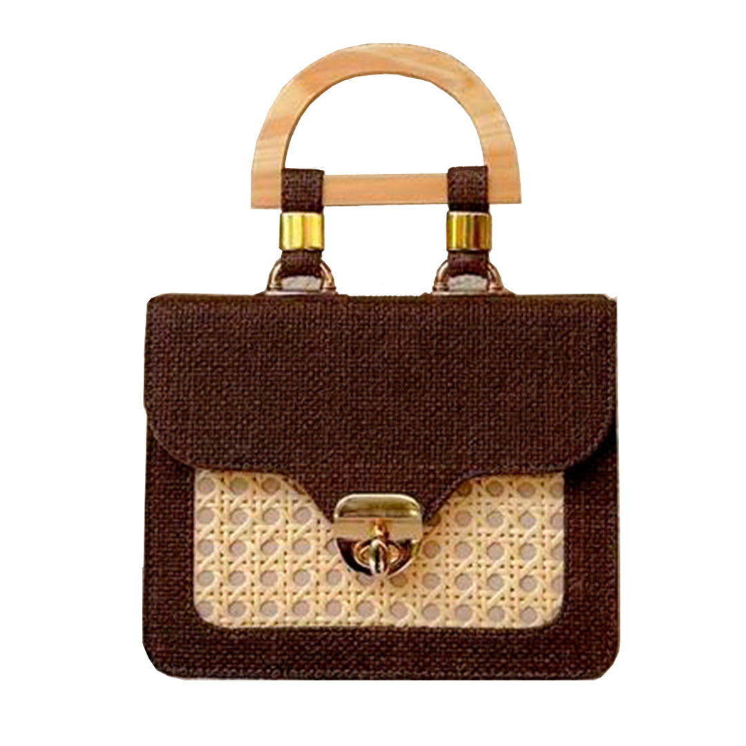 Cartera Vegan Marron Oscuro Con Mimbre