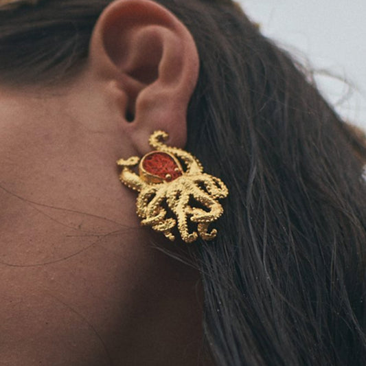 Aretes Pulpo Dorado x naranja