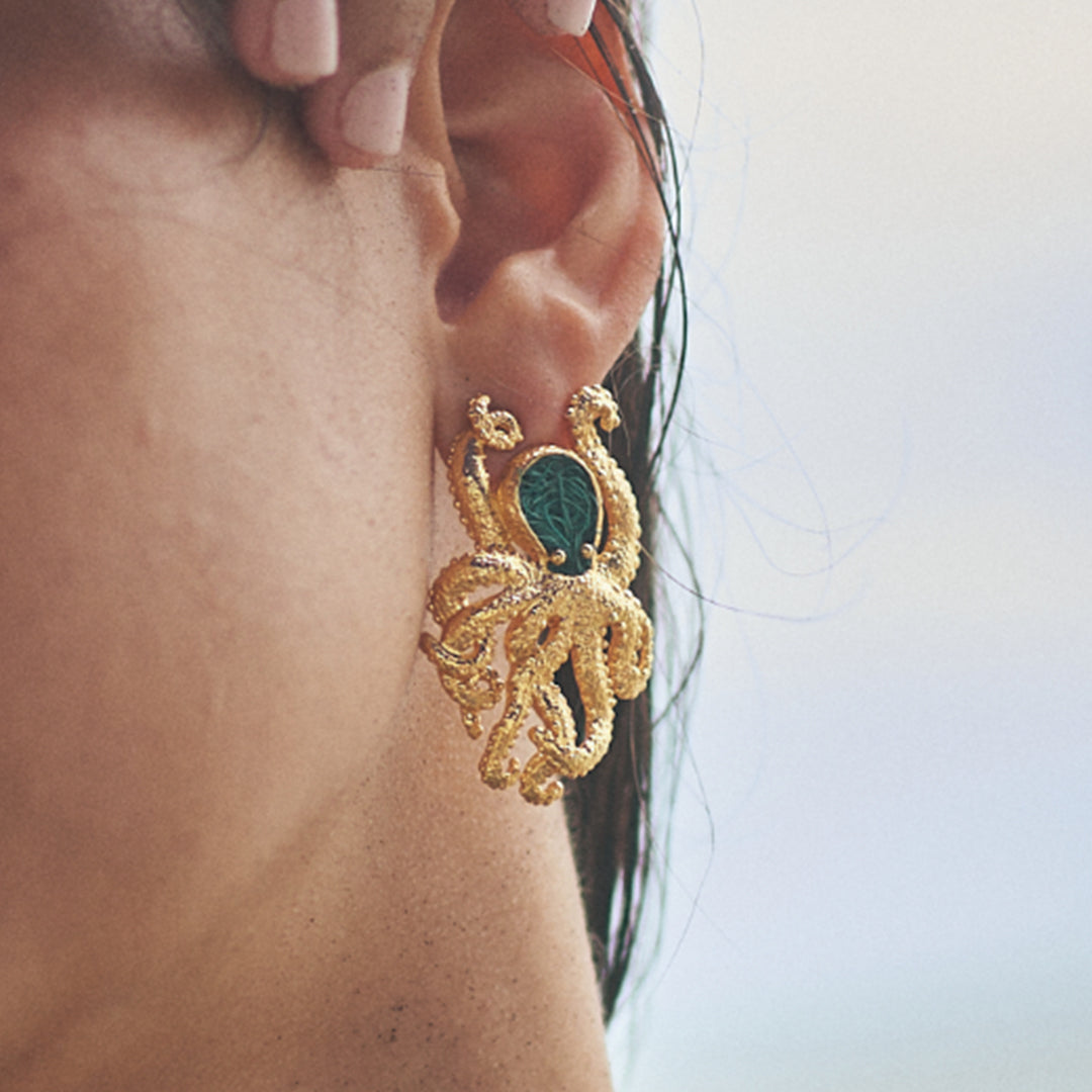 Aretes Pulpo Dorado x verde